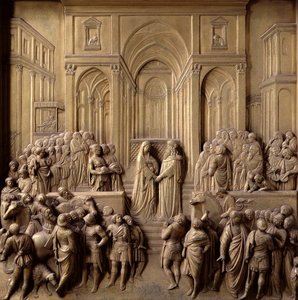 De Ontmoeting van Koning Salomo en de Koningin van Sheba, een van tien reliëfpanelen van de Poorten van het Paradijs (Oostdeuren), 1425-52
